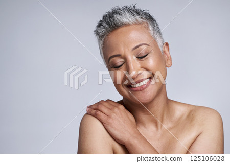 Skincare, face and senior woman with eyes closed in studio on a gray background mockup. Makeup, aesthetics and cosmetics of mature female model feeling happy for glowing and healthy skin mock up. 125106028