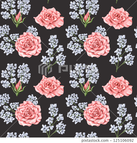 Seamless pattern of delicate blue gypsophila branches, pink roses and buds. Dried wildflowers, bouquets. Botanical motifs, decorative natural elements. Digital illustration Seamless pattern of delicate blue gypsophila branches, pink roses and buds. Dried wildflowers, bouquets. Botanical motifs, decorative natural elements. Digital illustration 125106092