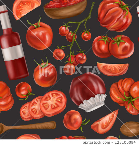A seamless pattern with juicy red tomatoes, wooden plates with sauces. A healthy diet of vegetables and ingredients. Floral background for packaging and textiles. Digital isolated illustration A seamless pattern with juicy red tomatoes, wooden plates with sauces. A healthy diet of vegetables and ingredients. Floral background for packaging and textiles. Digital isolated illustration 125106094