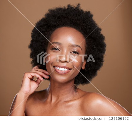Beauty, skincare and hair with black woman and afro for self love, cosmetics and luxury. Smile, makeup and natural with portrait of girl model for glow, dermatology and wellness in studio background Beauty, skincare and hair with black woman and afro for self love, cosmetics and luxury. Smile, makeup and natural with portrait of girl model for glow, dermatology and wellness in studio background 125106132