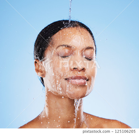 Shower, water and black woman in studio for face cleaning, morning skincare and wellness mockup for marketing or advertising space. Young beauty model in water splash, facial wash and skin care glow 125106205