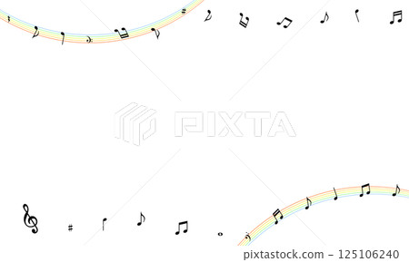 A frame of flowing music notes with a rainbow arch in the corner 125106240
