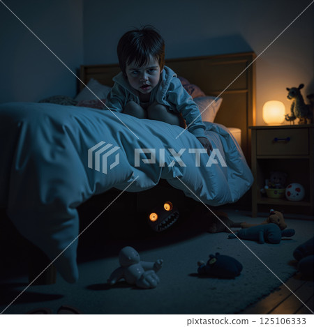 A boy looks scared over his bed and toy monster on the floor. 125106333