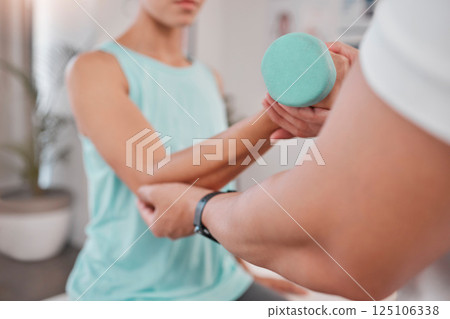 Woman, dumbbell and arm physiotherapy with health fitness coach. Healthcare support, wellness exercise and physical therapy training, physiotherapist or patient rehabilitation recovery consultation Woman, dumbbell and arm physiotherapy with health fitness coach. Healthcare support, wellness exercise and physical therapy training, physiotherapist or patient rehabilitation recovery consultation 125106338