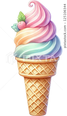 Vibrant rainbow ice cream in a waffle cone 125106344