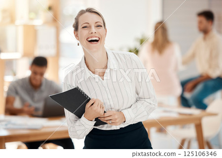 Planning, management and portrait business woman for marketing agency success, brand development goal and career goals. Leadership corporate boss working with portfolio or document for company sales 125106346