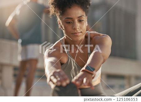Music, headphones and black woman stretching for fitness warm up, cardio exercise and training for marathon race. Workout, health commitment and runner listening to radio or streaming audio podcast 125106353