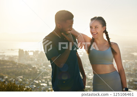 Fitness, hiking and interracial couple excited about training goal, motivation and support in nature with city. Workout, exercise and black man and woman with smile for morning cardio on the mountain Fitness, hiking and interracial couple excited about training goal, motivation and support in nature with city. Workout, exercise and black man and woman with smile for morning cardio on the mountain 125106461