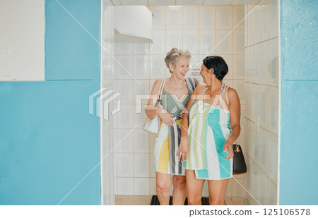 Excited, communication and senior women going swimming on a holiday together. Training, happy and elderly friends ready in a bathroom to swim on a vacation to relax, peace and smile in retirement Excited, communication and senior women going swimming on a holiday together. Training, happy and elderly friends ready in a bathroom to swim on a vacation to relax, peace and smile in retirement 125106578
