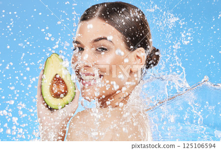 Avocado, skincare and woman in studio portrait for healthy food, wellness and beauty vegan cosmetics promotion with water splash. Young model with natural skin care, nutrition diet green facial food Avocado, skincare and woman in studio portrait for healthy food, wellness and beauty vegan cosmetics promotion with water splash. Young model with natural skin care, nutrition diet green facial food 125106594