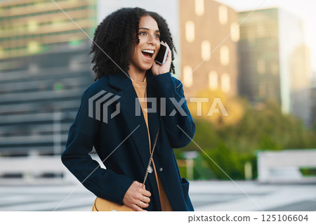Business girl and city phone call with news excited for promotion, achievement or bonus in New York. Corporate, professional and black woman on mobile with wow, happy and winner update. 125106604