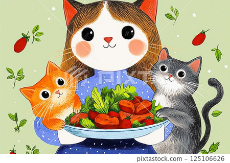 A cat holds a plate of vegetables in a cozy home setting 125106626