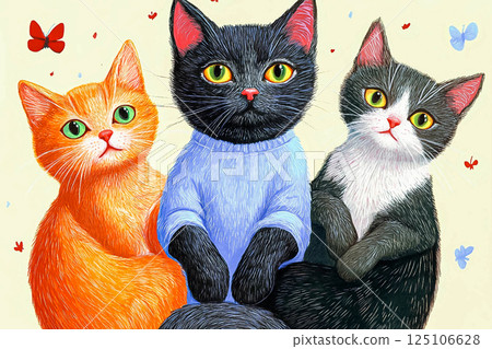 Three cats watching butterflies in a cozy home setting 125106628