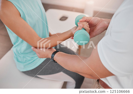 Physical therapy, dumbbell and physiotherapist help patient in exam room for muscle, body or healthcare rehabilitation. Physiotherapy, helping and support doctor or fitness expert for sport injury Physical therapy, dumbbell and physiotherapist help patient in exam room for muscle, body or healthcare rehabilitation. Physiotherapy, helping and support doctor or fitness expert for sport injury 125106666