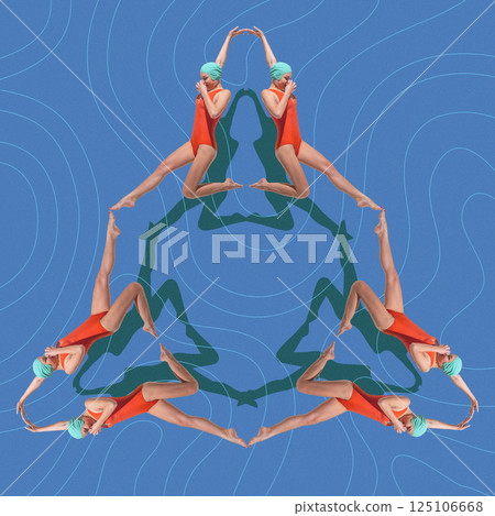 Conceptual design. Red swimsuit swimmers in triangle formation with mirrored shadow outlines forming surreal diving illusion. 125106668