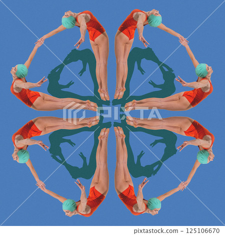Contemporary art collage. Repetitive illusion of swimmers stretching and connecting hands in circular movement with shadow echoes. Contemporary art collage. Repetitive illusion of swimmers stretching and connecting hands in circular movement with shadow echoes. 125106670