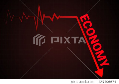 Heartbeat-like red line ends in sharp arrow labeled ECONOMY diving downward, resembling financial death. Vector illustration. 125106674