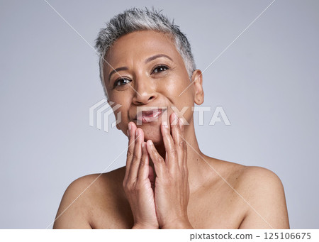 Beauty, skincare and portrait of senior woman for spa, cosmetics and makeup product. Salon, luxury and face of mature model for facial, ant aging and dermatology wellness in gray background studio 125106675