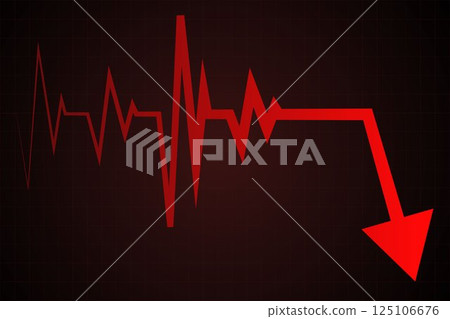 Heartbeat line morphs into falling red arrow on dark grid, showing sudden economic flatline. Vector illustration. Heartbeat line morphs into falling red arrow on dark grid, showing sudden economic flatline. Vector illustration. 125106676