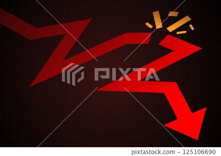 Broken red arrow dropping sharply on dark grid, symbolizing financial collapse and market panic. Vector illustration. 125106690