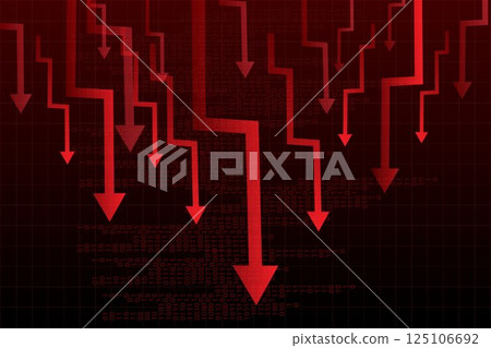 Multiple red arrows crashing vertically over digital grid, showing synchronized collapse and layoffs. Vector illustration. 125106692