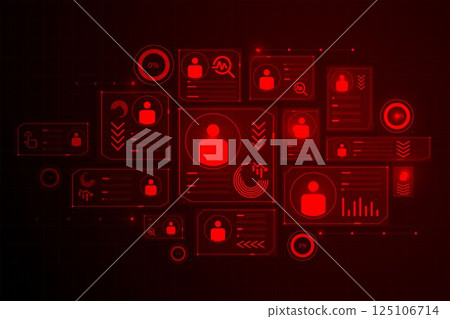 Vector illustration. Digital panels with user icons and alert arrows show mass layoffs and job automation shock. 125106714