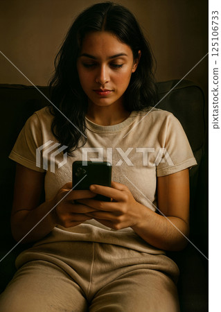 Woman scrolling phone in dim light 125106733