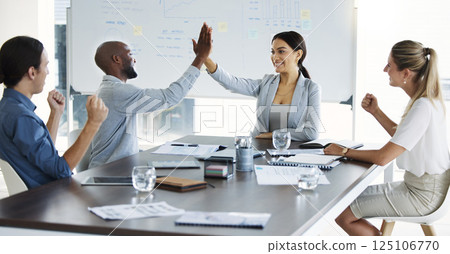 Business meeting, high five and corporate team celebrate target, profit and success of development, marketing and teamwork. Diversity, management and happy, men and women support mission and vision Business meeting, high five and corporate team celebrate target, profit and success of development, marketing and teamwork. Diversity, management and happy, men and women support mission and vision 125106770