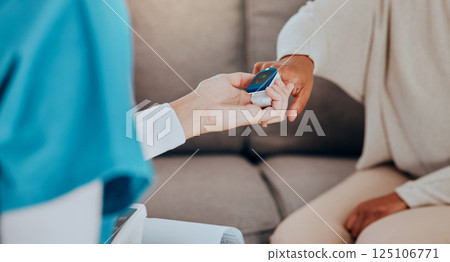 Women, hands and nurse in pulse oximeter check in nursing home or house living room for heart cardiology wellness. Zoom, healthcare worker and patient blood oxygen test for life insurance management Women, hands and nurse in pulse oximeter check in nursing home or house living room for heart cardiology wellness. Zoom, healthcare worker and patient blood oxygen test for life insurance management 125106771