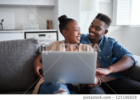 Laptop, sofa and black couple relax while doing online web or internet search for romantic movie, show or subscription video. Love, bonding and marriage partnership of man and woman on cute home date Laptop, sofa and black couple relax while doing online web or internet search for romantic movie, show or subscription video. Love, bonding and marriage partnership of man and woman on cute home date 125106828