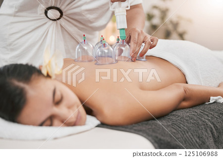 Relax, health and cupping with woman in spa for alternative medicine, healing and physiotherapy. Peace, wellness and consulting with patient and hands of massage therapist for zen, holistic or muscle Relax, health and cupping with woman in spa for alternative medicine, healing and physiotherapy. Peace, wellness and consulting with patient and hands of massage therapist for zen, holistic or muscle 125106988
