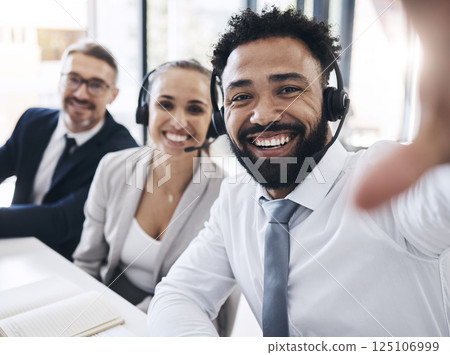 Selfie, business people or call center worker in diversity office collaboration, team building or teamwork contact us pov. Portrait, smile or happy customer support men or woman about us photography 125106999
