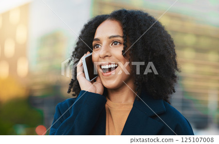 Black woman, phone call and city travel of a person happy about online and 5g web communication. Network conversation of a female with mobile technology of a online internet chat outdoor with a smile Black woman, phone call and city travel of a person happy about online and 5g web communication. Network conversation of a female with mobile technology of a online internet chat outdoor with a smile 125107008