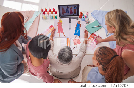 Designer, fashion or teamwork women planning, research or collaboration color swatch strategy for spring clothing line. Laptop, sketch or top view of team luxury design, creative idea or consulting 125107021