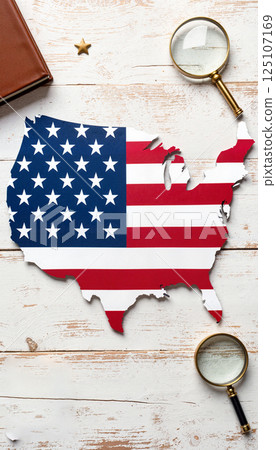 Silhouette of a country map with flag design. Two magnifying glasses and a star shape are on a rustic white wooden surface. A brown book is partially visible on the top left 125107169