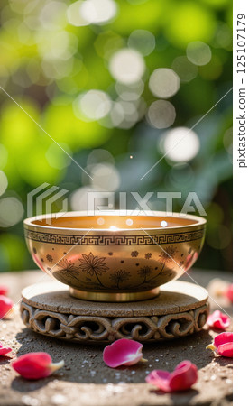 Decorative gold bowl with floral patterns on an ornate stand, surrounded by scattered pink petals. Soft bokeh creates a dreamy effect, conveying elegance and tranquility 125107179