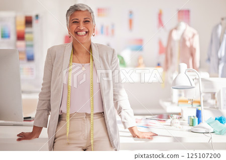 Black woman, fashion and clothes designer portrait, happy about creative studio success. Smile of seamstress manufacturing teacher ready for professional tailor and small business work with clothing 125107200