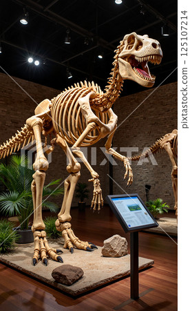 Dinosaur skeleton with open mouth displayed in a museum exhibit with rock pieces and lush plants. Information panel visible in front, under spotlights on a hardwood floor 125107214