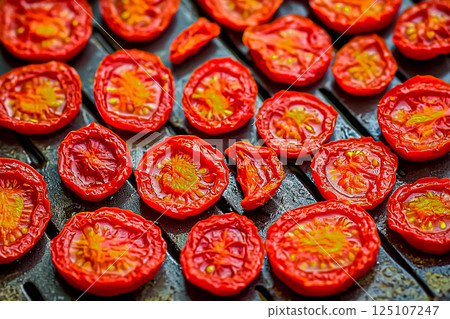 Tomatoes sun-dried in small pieces lying in a metal dish. 125107247