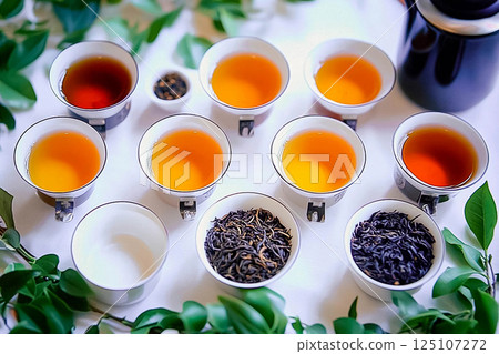 Various types of tea displayed in cups arranged by color and brew strength on a wooden table Various types of tea displayed in cups arranged by color and brew strength on a wooden table 125107272
