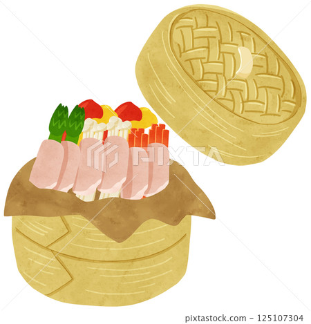 豬肉包蔬菜和有蓋蒸籠,水彩風格手繪插畫 豬肉包蔬菜和有蓋蒸籠,水彩風格手繪插畫 125107304