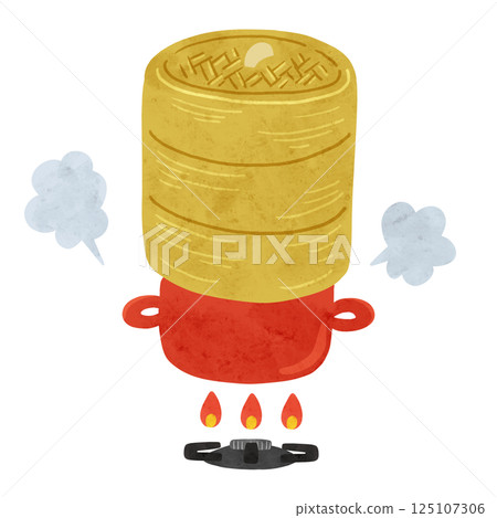 帶蓋加熱的鍋子和蒸籠,水彩風格的手繪插圖 帶蓋加熱的鍋子和蒸籠,水彩風格的手繪插圖 125107306