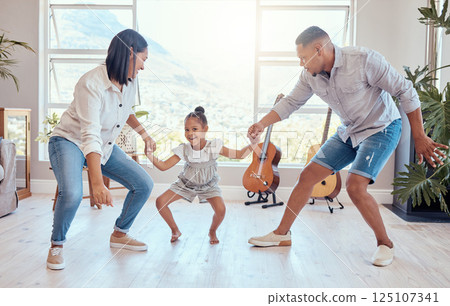 Family, dance and child with mom and dad having fun, bonding and enjoying weekend. Movement, love and young girl dancing with mother and father in living room for wellness, joy and happiness in home 125107341