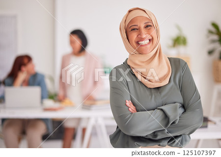 Leadership, business and portrait of Muslim woman in office, crossed arms for success in business meeting. Teamwork, diversity and Islamic employee work with team on strategy, planning and project Leadership, business and portrait of Muslim woman in office, crossed arms for success in business meeting. Teamwork, diversity and Islamic employee work with team on strategy, planning and project 125107397