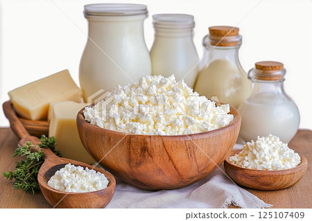 Dairy products displayed on a rustic wooden table with fresh ingredients in a bright light setting 125107409