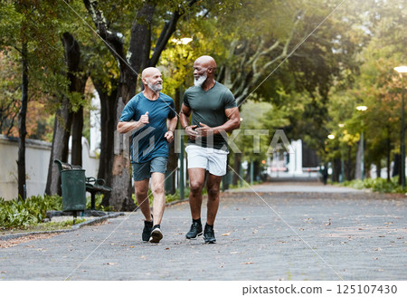 Mature, men and fitness with friends running in park for exercise, workout and wellness. Exercising, working out and diverse male athletic friend in cardio training for body health and stamina 125107430