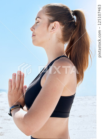 Relax, yoga and meditation, woman at beach, meditate and training in nature for healthy zen lifestyle. Mental health, spiritual wellness and meditating girl at ocean, balance and focus at sea water. Relax, yoga and meditation, woman at beach, meditate and training in nature for healthy zen lifestyle. Mental health, spiritual wellness and meditating girl at ocean, balance and focus at sea water. 125107463