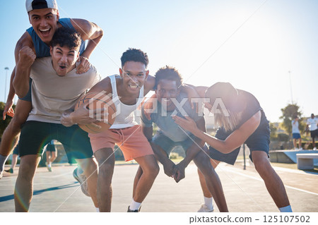 Sport, celebrate and winner of basketball with team and young men for fitness in outdoor portrait, happy with victory. Basketball player, celebration and diversity, success together in sports. 125107502
