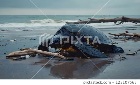 The exhausted turtle struggles against the sticky mess, its body weighed down by the viscous substance. 125107565