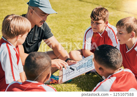 Tactics, children and soccer with a coach and team talking strategy before a game on an outdoor field. Football, kids and exercise with a man training a boy sports group outside on a green pitch Tactics, children and soccer with a coach and team talking strategy before a game on an outdoor field. Football, kids and exercise with a man training a boy sports group outside on a green pitch 125107588